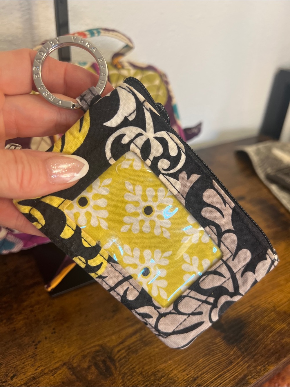 Vera Bradley Yellow Floral Quilted ID Card Holder with Keyring
